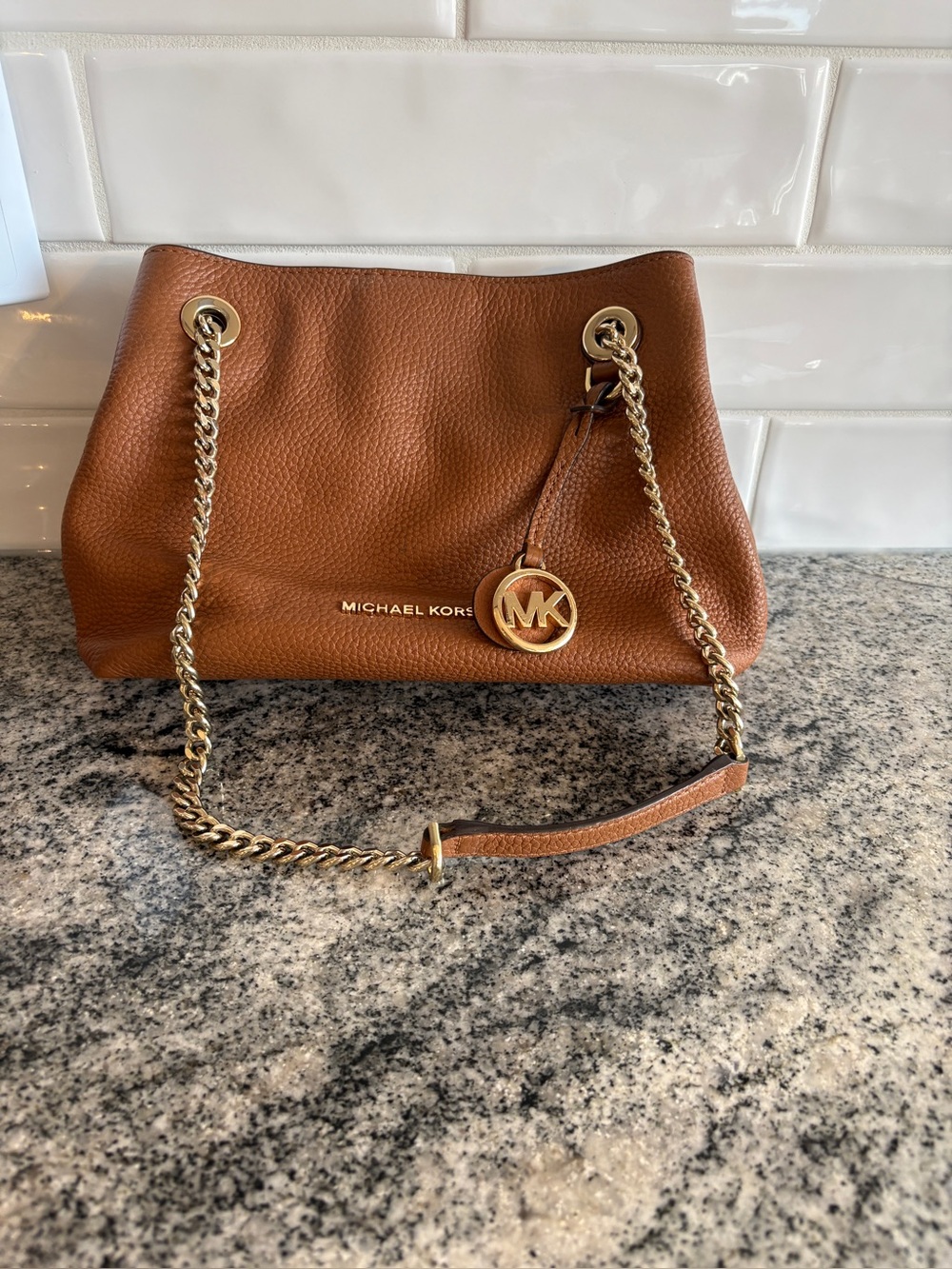 Michael Kors Cognac Pebbled Leather Shoulder Bag with Gold Chain